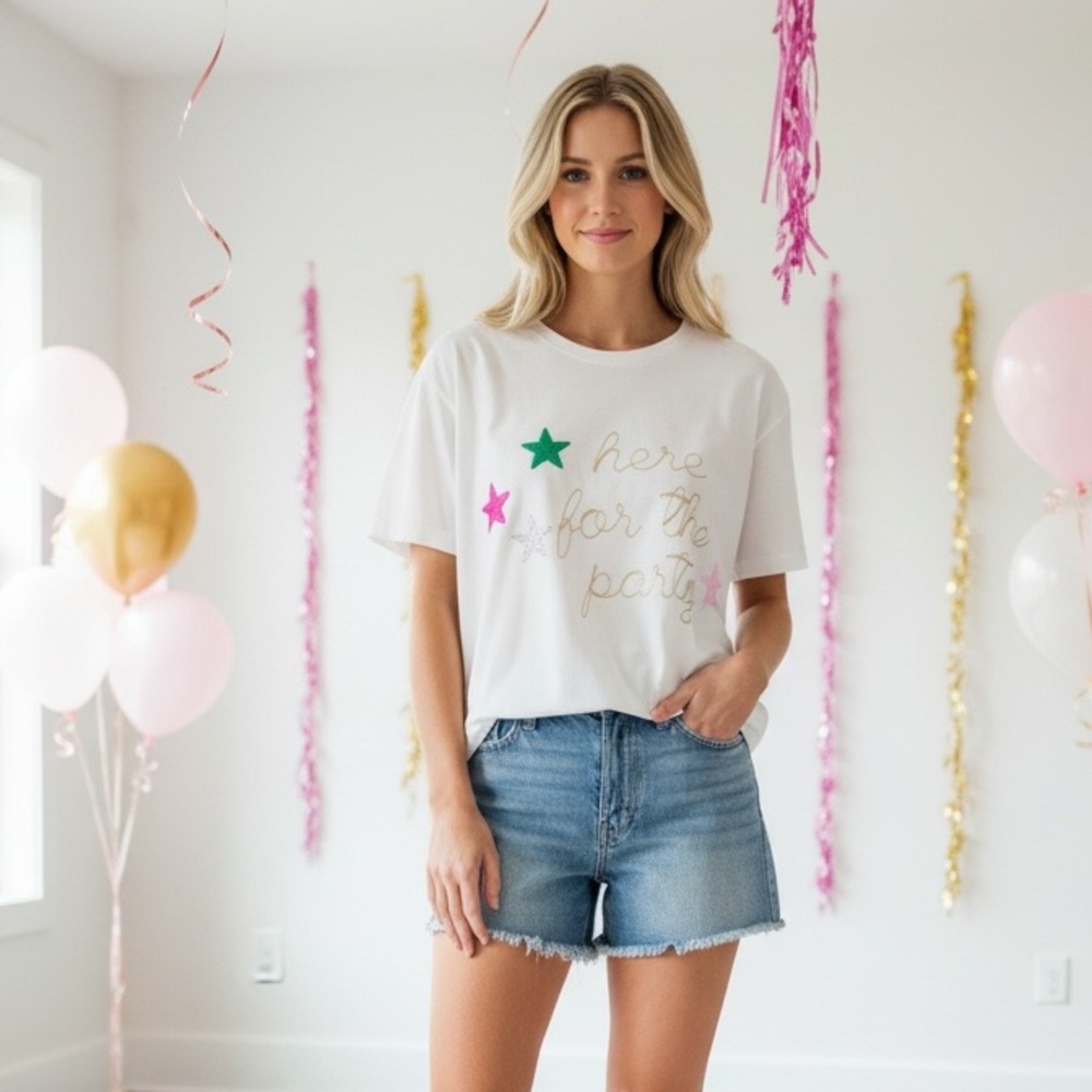 NEW Bluevelvet Here For The Party Sequin Pink Silver Green Star White T-Shirt